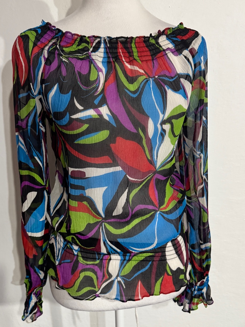 PETER NYGARD Multicolored 100% Silk Geometric Scoop Neck Long Sleeve Top Size 6